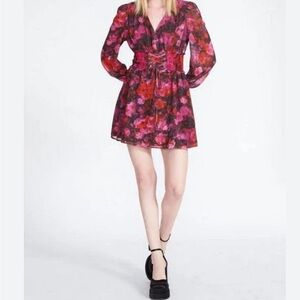Steve Madden Black, Red and Pink Floral Long Sleeve V Neck Dress Size XS NWOT
